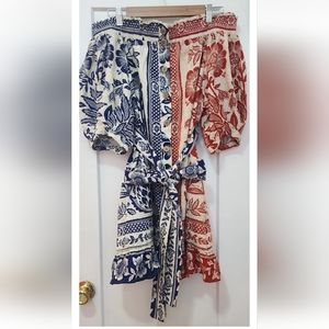 Farm Rio Mixed Pineapple Garden Mini Dress Sz M Red Blue Linen Blend Tie Waist